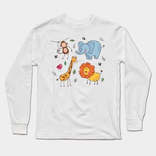 Elephant giraffe monkey lion hand drawn Long Sleeve T-Shirt